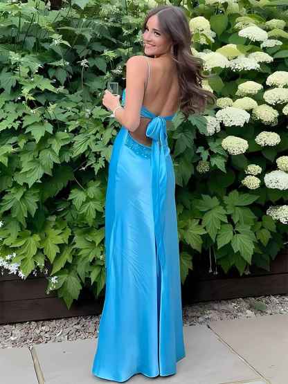 Blue A Line V-neck Beaded Back Tie Long Prom Dress