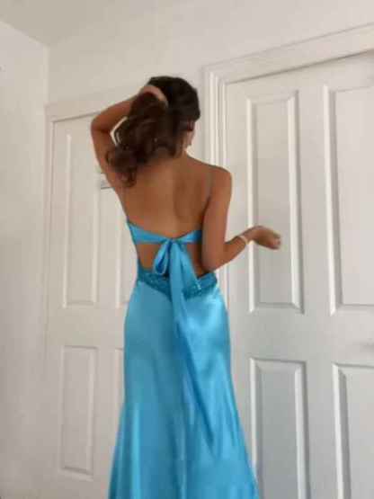 Blue A Line V-neck Beaded Back Tie Long Prom Dress