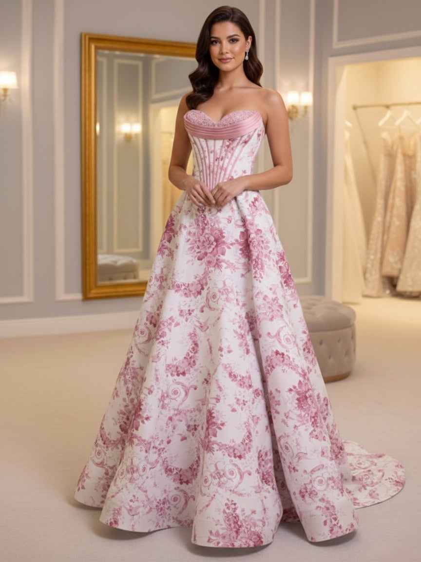 Blue Floral Brocade Contrast Corset Textured Neckline Prom Dress