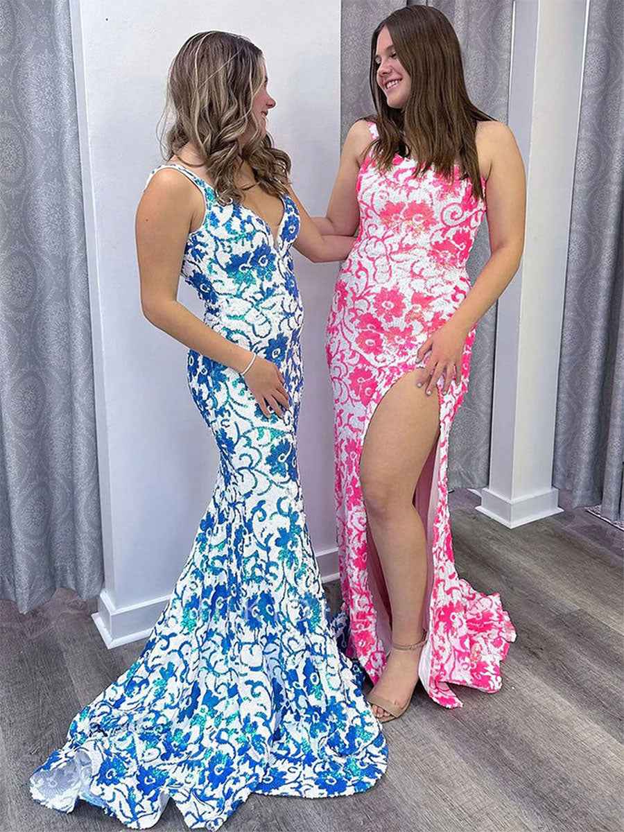 Blue Floral Pattern One-Shoulder Sequin Prom Dress with High Slit