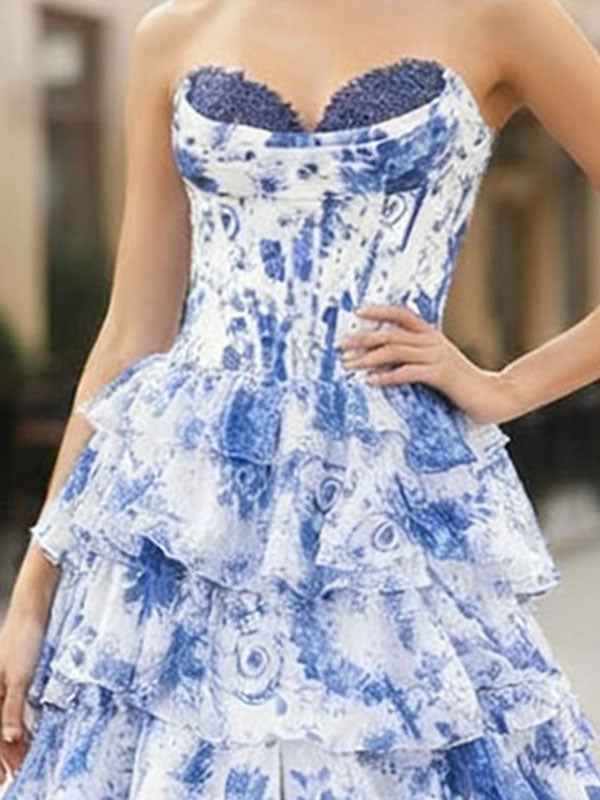 Blue Floral Strapless Chiffon Ruffle Corset Prom Dress with Slit