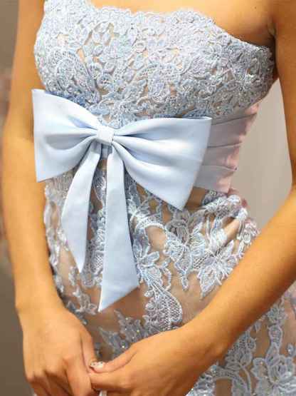 Blue Lace Strapless Satin Bow Prom Dress with Slit