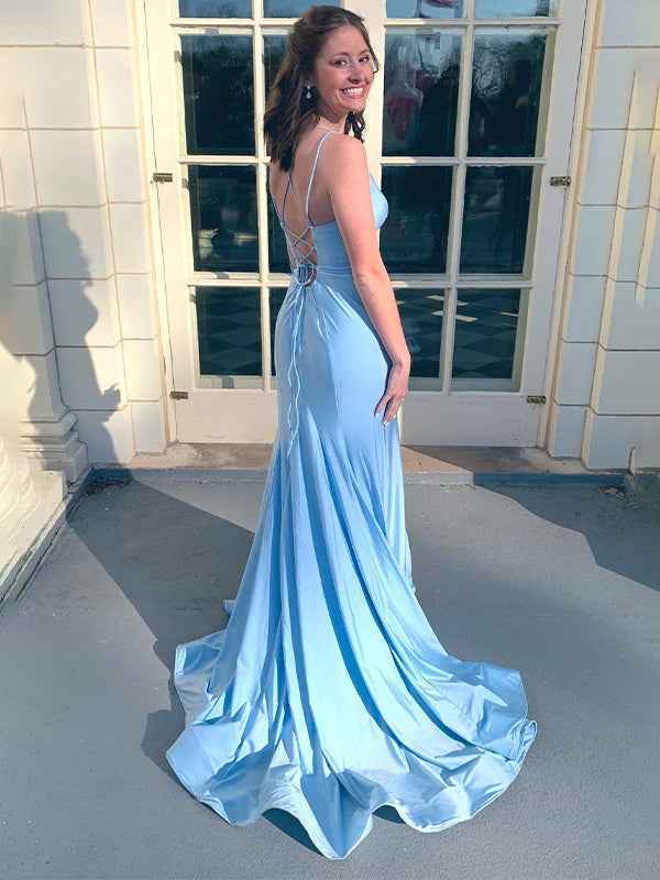 Blue Mermaid Double Straps Satin Long Prom Dress