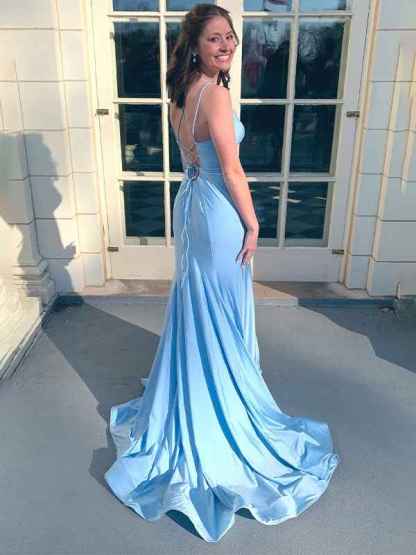 Blue Mermaid Double Straps Satin Long Prom Dress