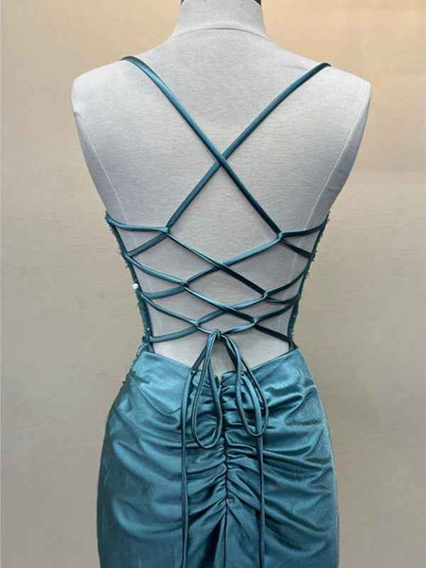 Yellow Mermaid Scoop Neck Satin Long Prom Dress with Slit