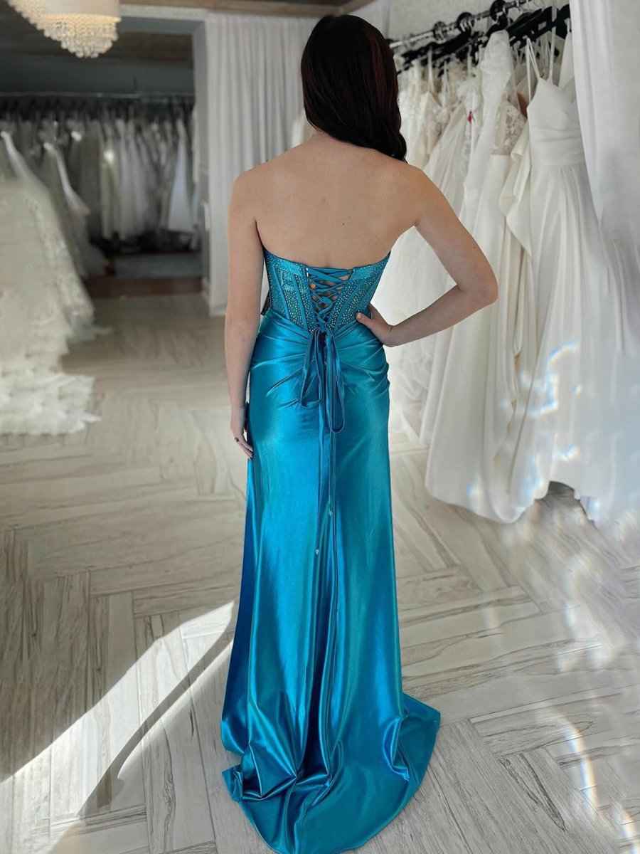 Blue Mermaid Spaghetti Straps Beaded Sweetheart Long Prom Dress with Slit