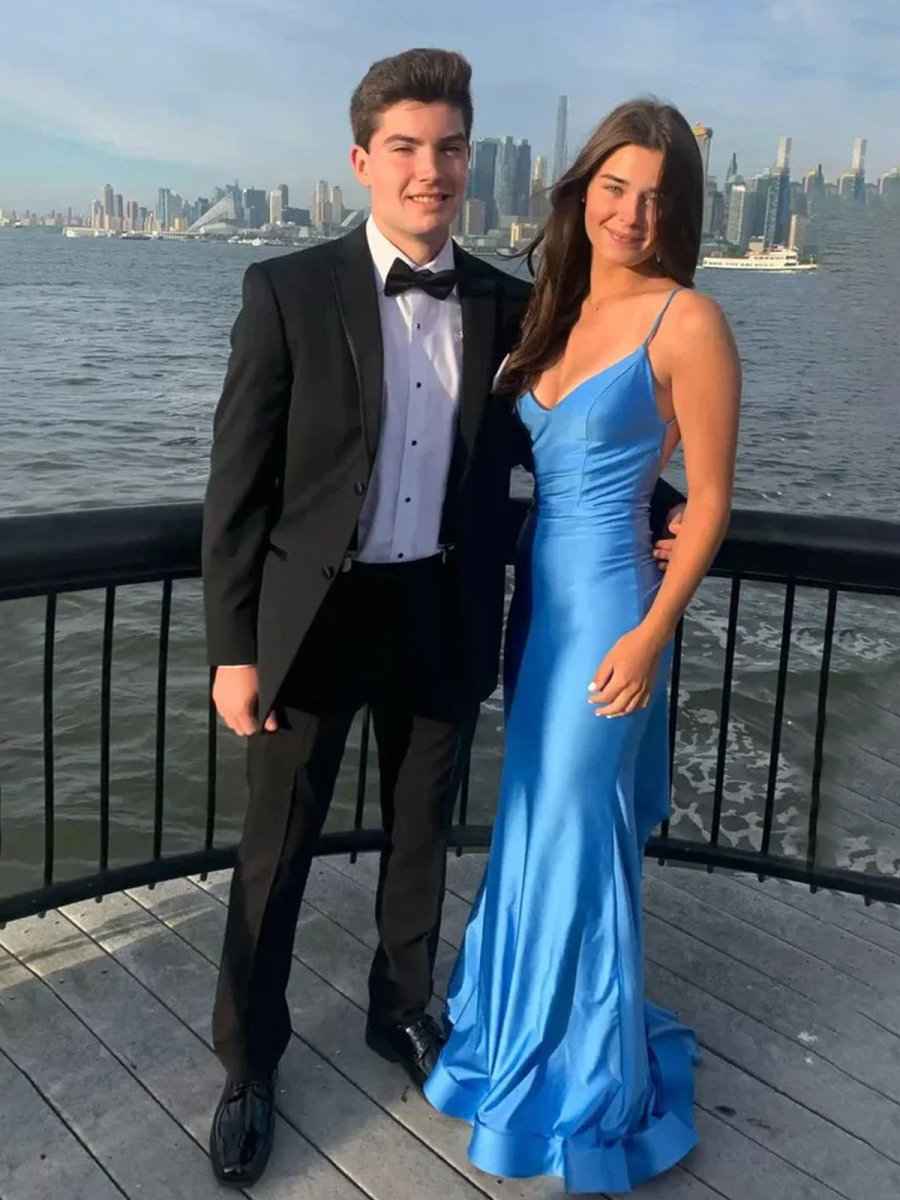 Blue Mermaid Spaghetti Straps Satin Backless Long Prom Dress