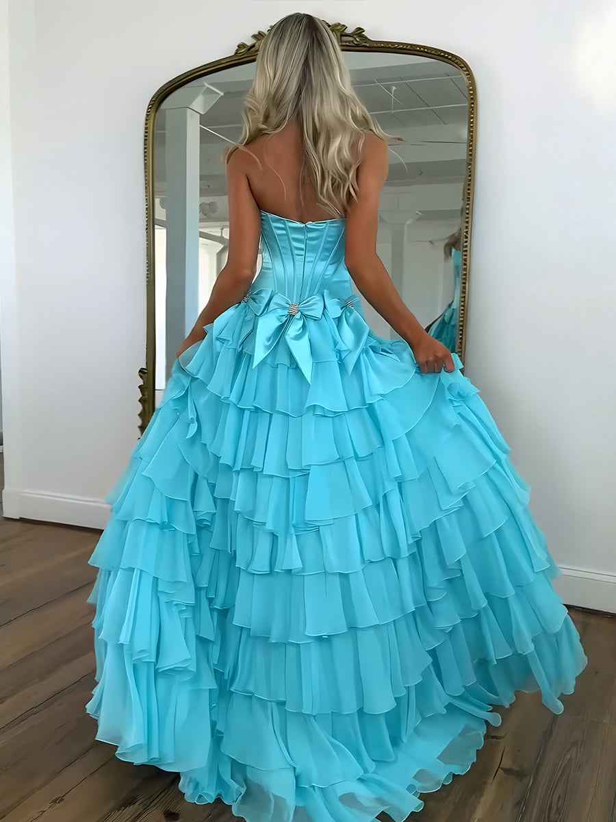 Princess Strapless Tiered A-Line Long Prom Dress with Slit