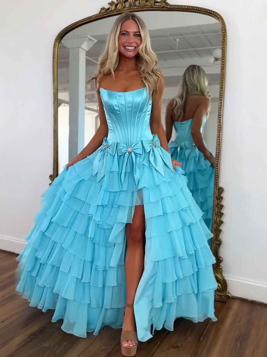 Princess Strapless Tiered A-Line Long Prom Dress with Slit