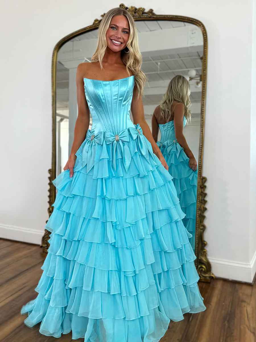Princess Strapless Tiered A-Line Long Prom Dress with Slit
