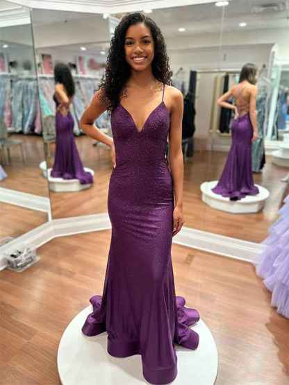 Blue Sequin V Neck Long Mermaid Prom Dress
