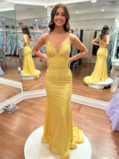 Blue Sequin V Neck Long Mermaid Prom Dress