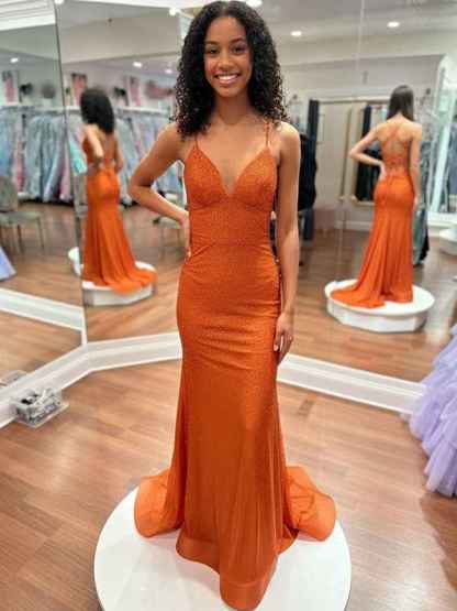 Blue Sequin V Neck Long Mermaid Prom Dress