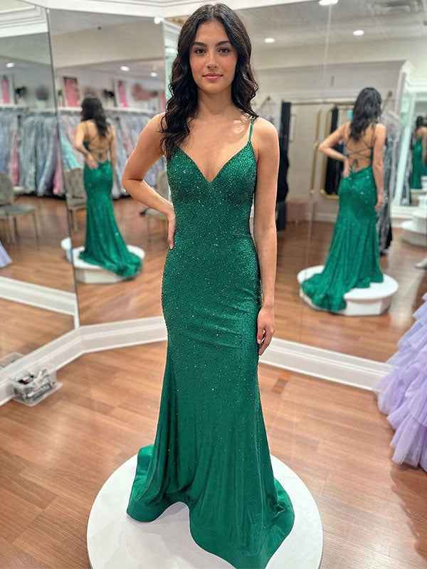Blue Sequin V Neck Long Mermaid Prom Dress