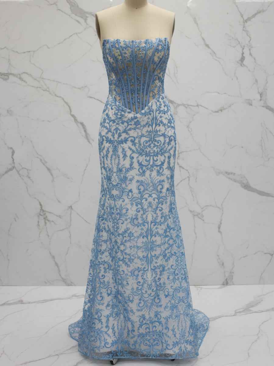 Blue Strapless Pearl Beaded Ruched Corset Long Prom Dress