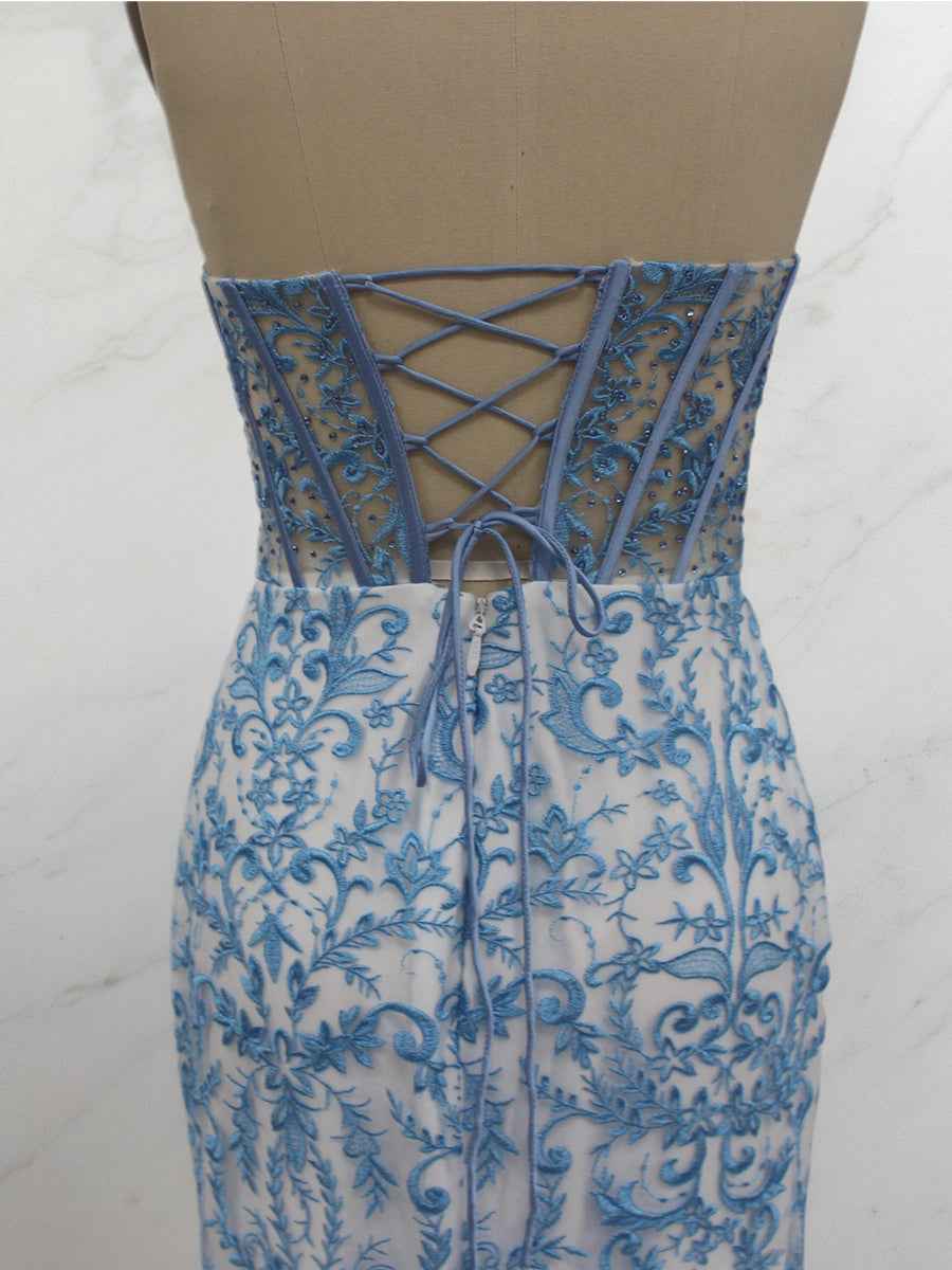 Blue Strapless Pearl Beaded Ruched Long Corset Prom Dress