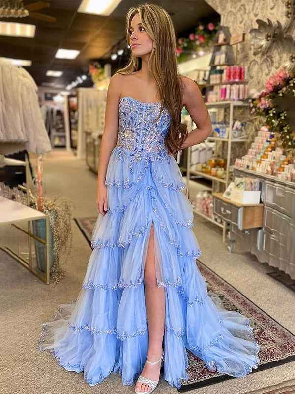 Red Stunning Strapless A-Line Empire-Waist Tiered Appliques Prom Dress with Slit