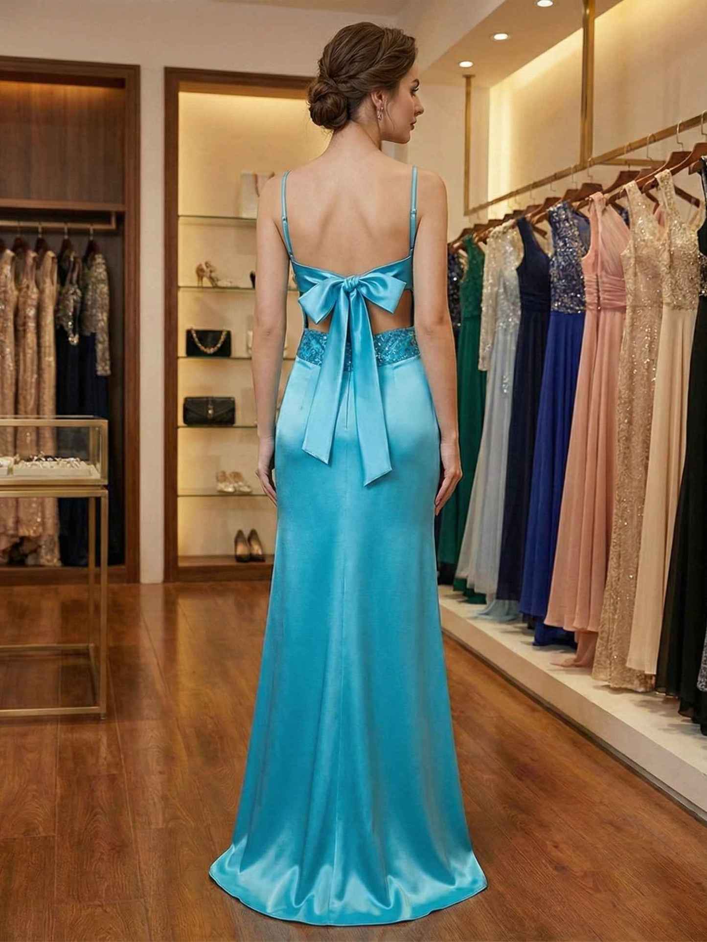 Blue V Neck Beaded Bodice Satin A-Line Long Prom Dress