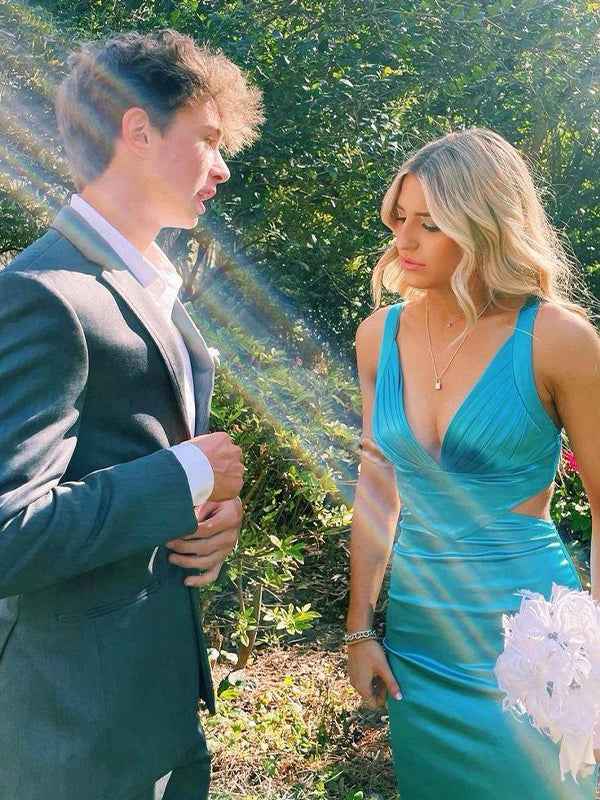 Blue V Neck Cutout Long Prom Party Dress with Slit