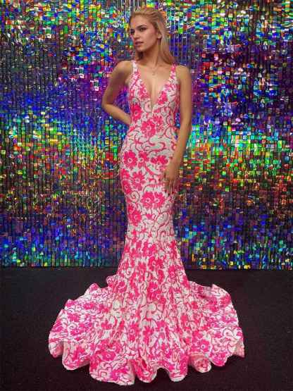 Blue V Neck Sequin Lace Mermaid Long Prom Dress