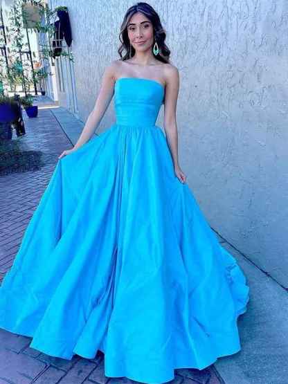 Blue A-Line Satin Strapless Pleated Scoop Neck Long Prom Dress