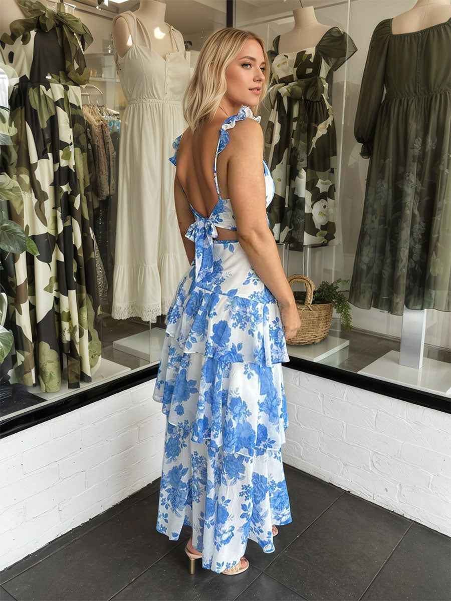 Blue A-Line Ruffles Print Prom Dress with Slit