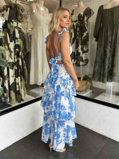 Blue A-Line Ruffles Print Prom Dress with Slit