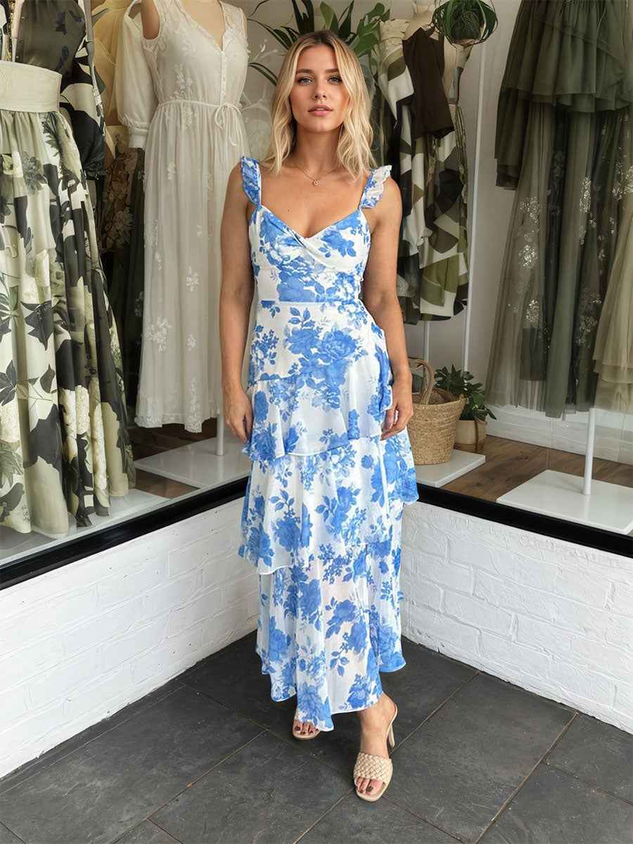 Blue A-Line Ruffles Print Prom Dress with Slit