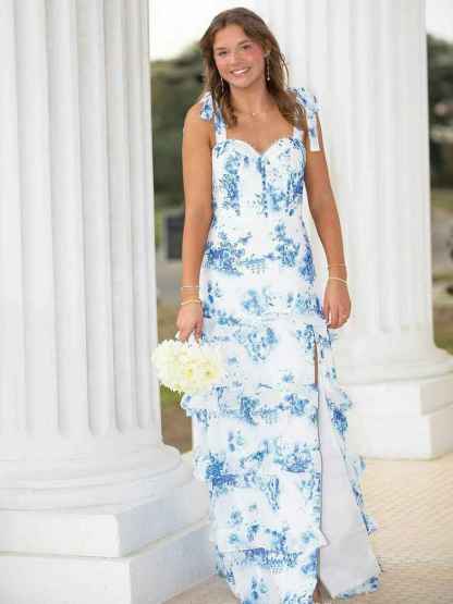 Blue A-Line Strapless Print Tiered Long Prom Dress