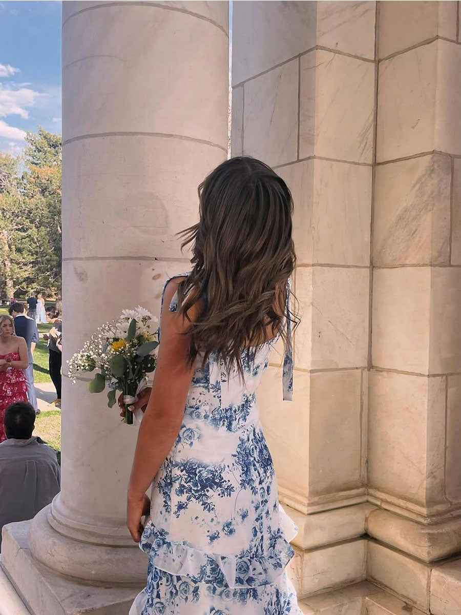 Blue Print A-Line Strapless Tiered Long Prom Dress