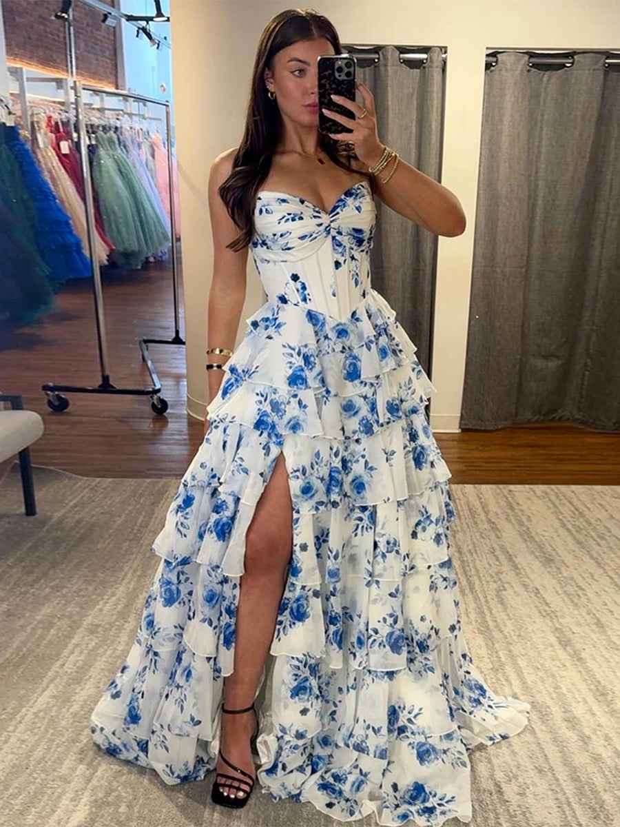 A-Line Strapless V-Neck Tiered Printing Long Prom Dress
