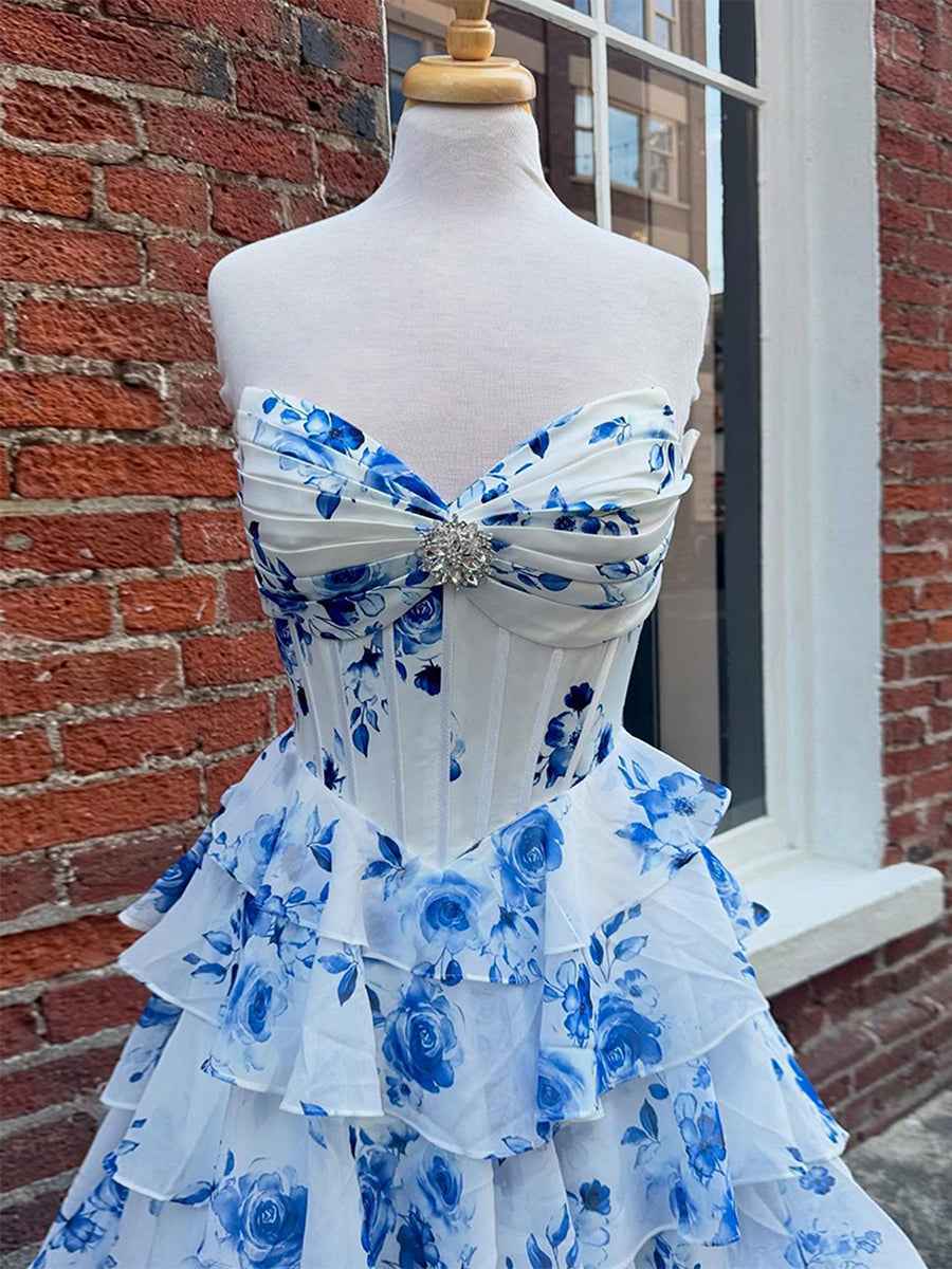 A-Line Strapless V-Neck Tiered Printing Long Prom Dress