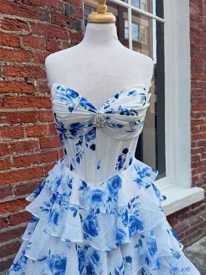 A-Line Strapless V-Neck Tiered Printing Long Prom Dress