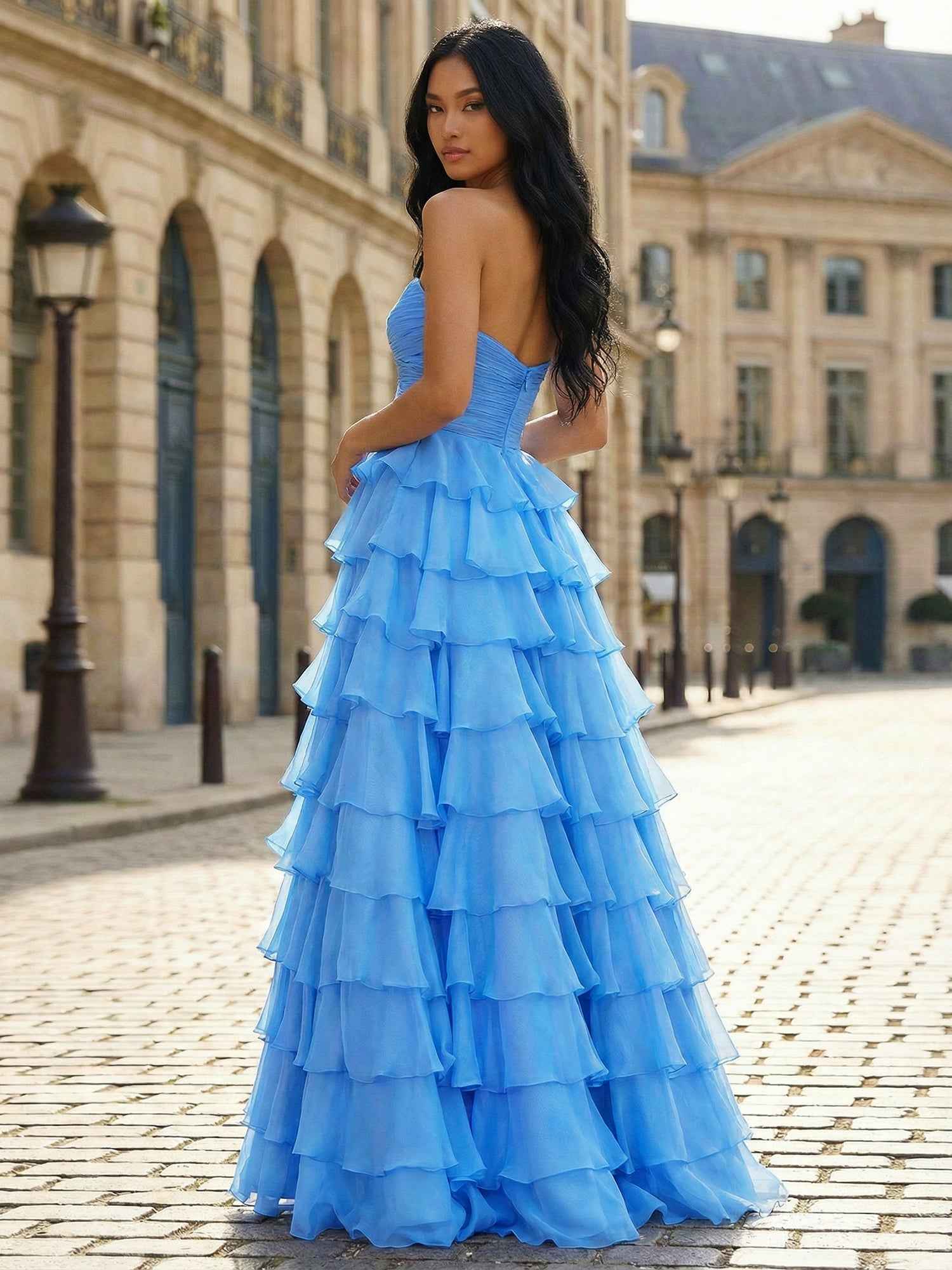 Blue A Line Strapless Tiered Ruffle Long Prom Dress