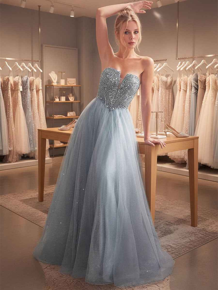 Blue A Line Sweetheart Long Prom Dress With Sequins
