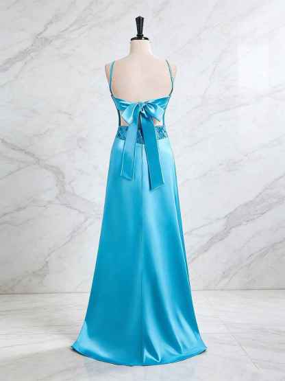 Blue V Neck Beaded Bodice Satin A-Line Long Prom Dress