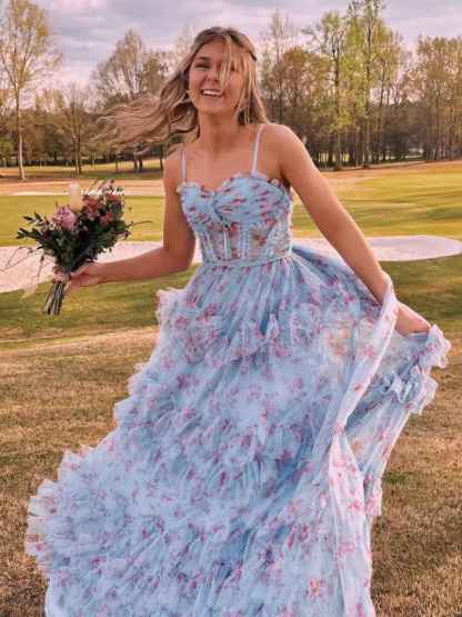 Blue Floral A-Line Corset Tulle Ruffles Long Prom Dress