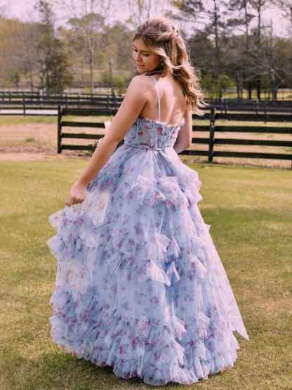 Blue Floral A-Line Corset Tulle Ruffles Long Prom Dress