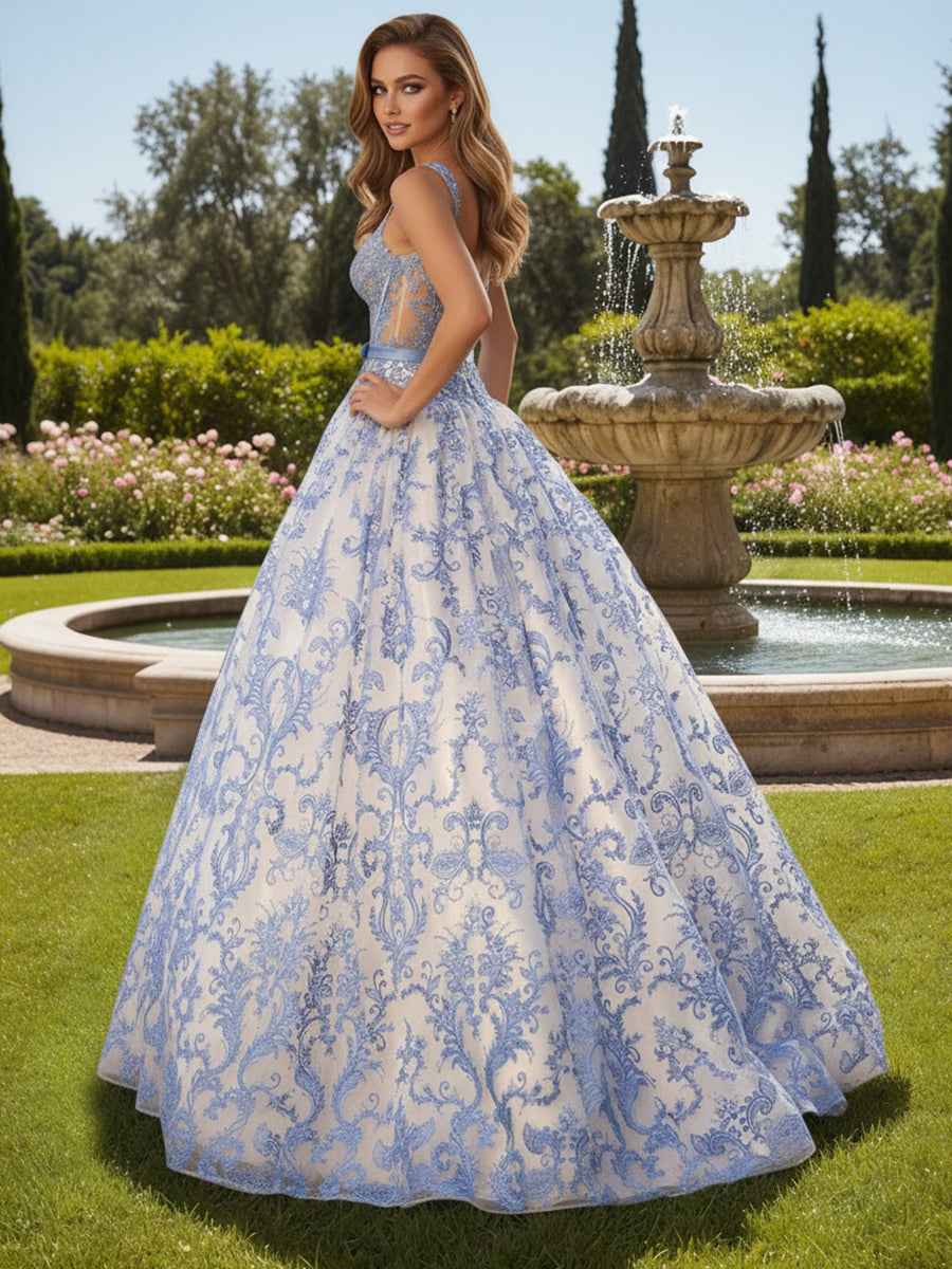Blue Floral A Line Baroque Lace Corset Long Prom Dress
