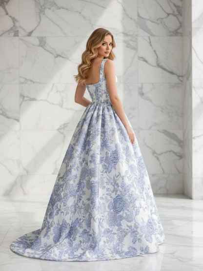 Blue Floral A Line Square Neck Brocade Corset Long Prom Dress