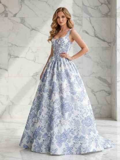 Blue Floral A Line Square Neck Brocade Corset Long Prom Dress