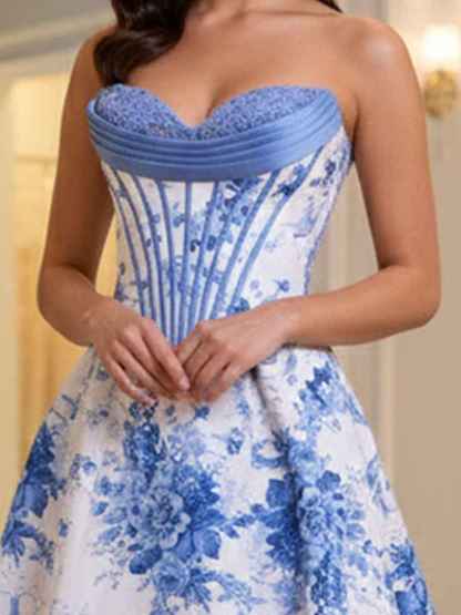 Blue Floral Brocade Contrast Corset Textured Neckline Prom Dress