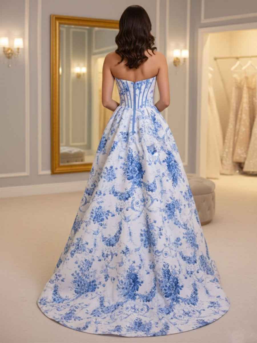 Blue Floral Brocade Contrast Corset Textured Neckline Prom Dress