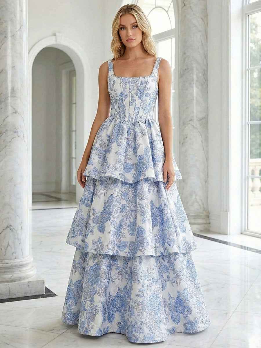 Blue Floral Brocade Corset Tiered A-Line Prom Dress