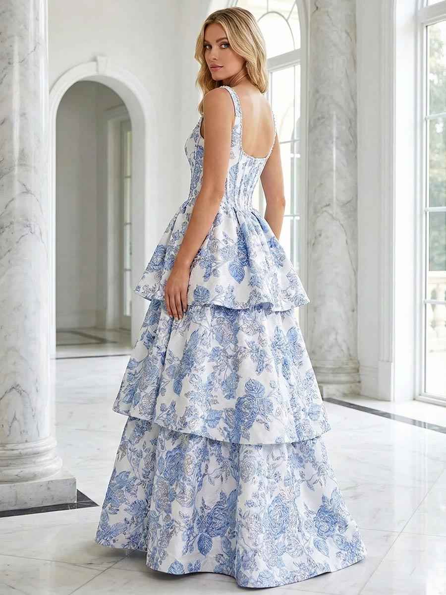 Blue Floral Brocade Corset Tiered A-Line Prom Dress