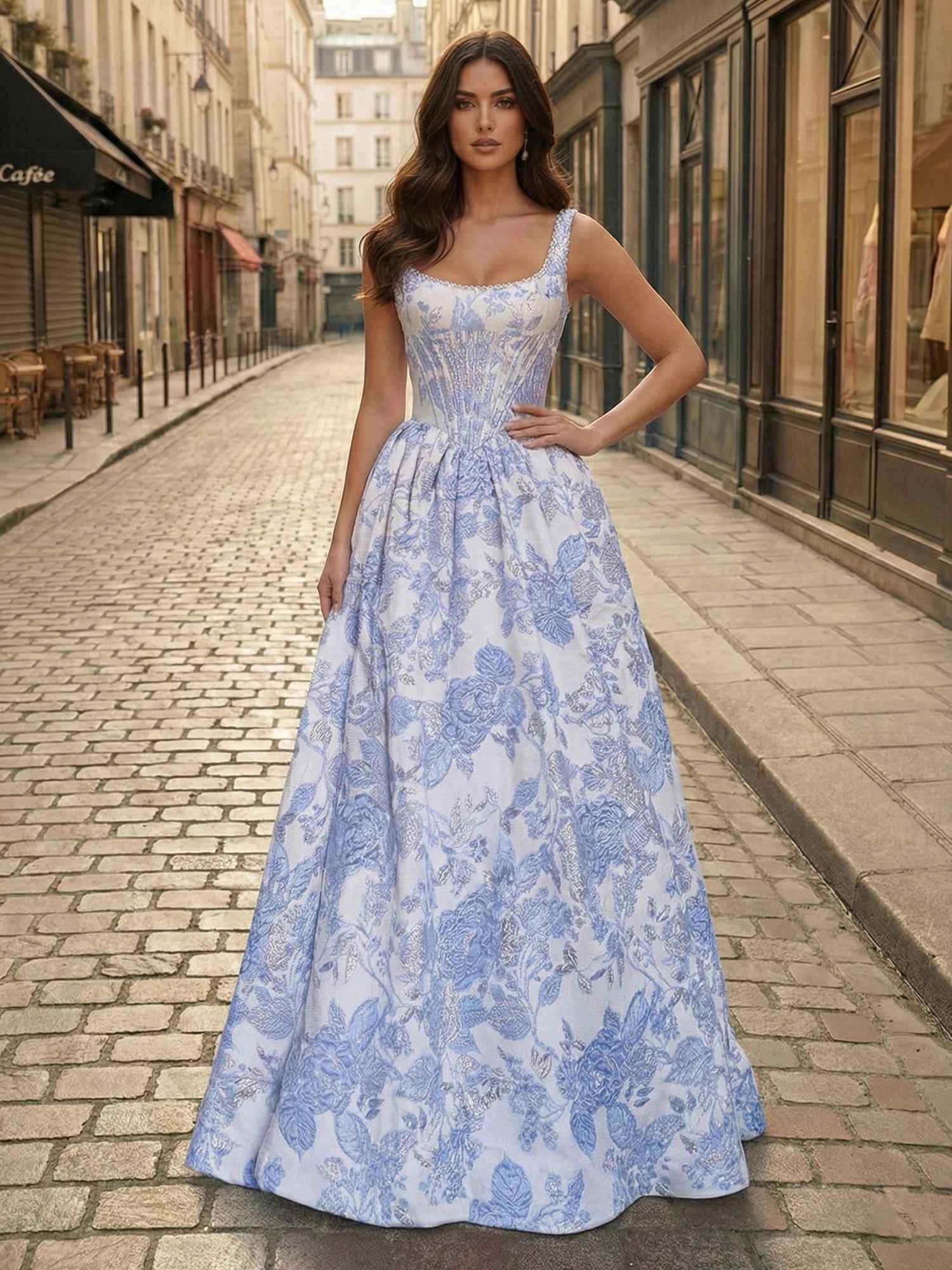 Blue Floral Brocade Pearl Long Corset Prom Dress