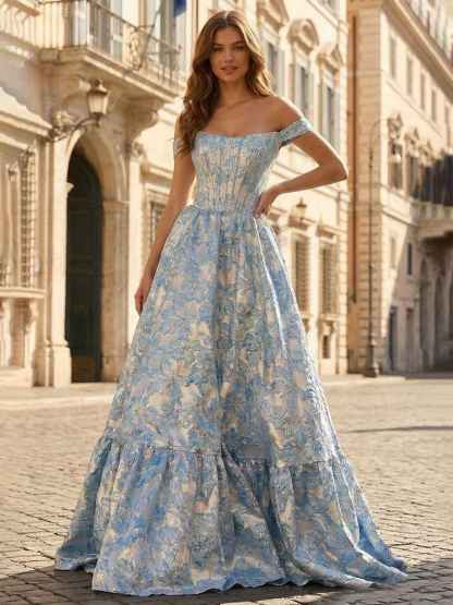 Blue Floral Jacquard Off-the-Shoulder Corset Prom Dress