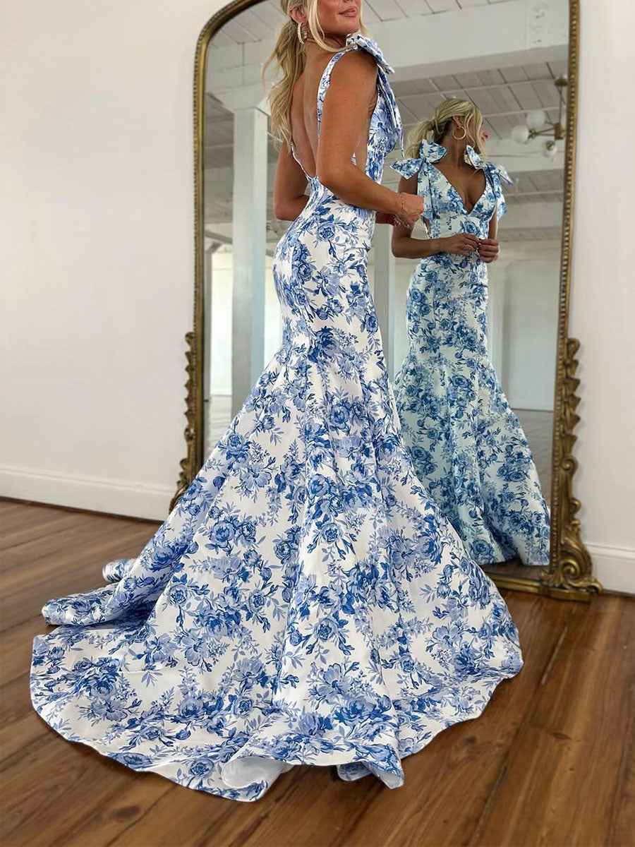 Blue Floral Mermaid V Neck Prom Dress with Tie-Shoulder Bow Straps