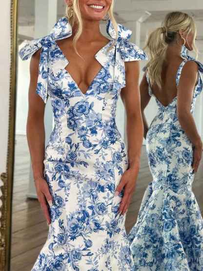 Blue Floral Mermaid V Neck Prom Dress with Tie-Shoulder Bow Straps