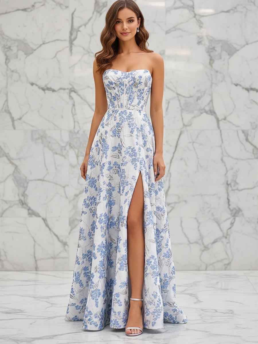 Blue Floral Strapless Corset Prom Dress with Slit